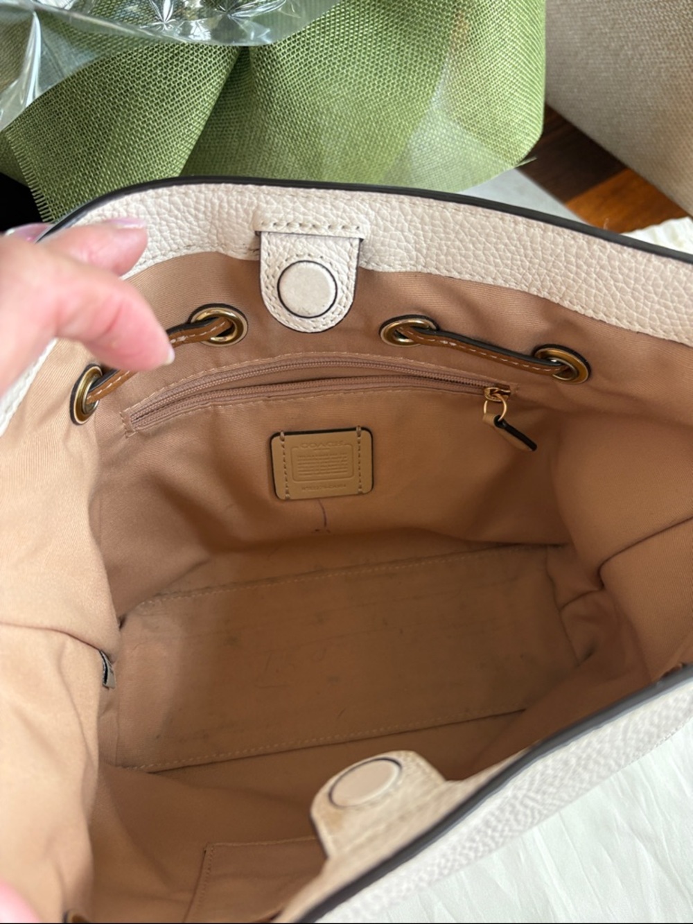 Coach White Pebbled Leather Tote with Tan Trim and Tassels - Picture 3 of 7
